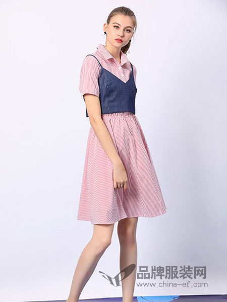 尚可斯女装品牌2019春夏娃娃裙条纹针织羊毛拼接假两件连衣裙潮