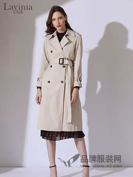 拉维妮娅女装品牌2019春季新品双排扣长袖系带风衣