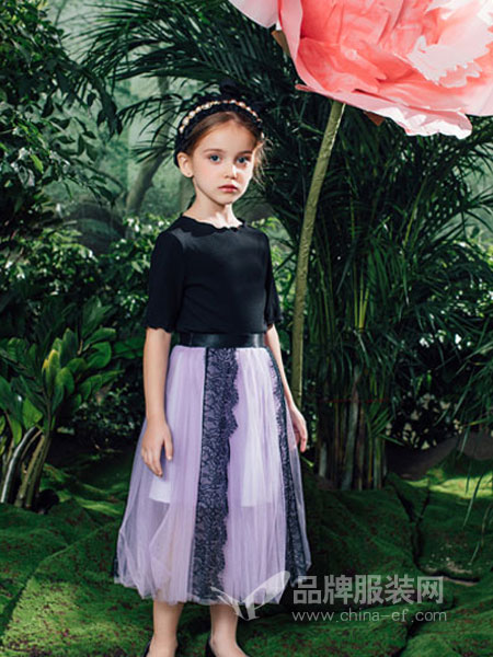 瑞比克童装品牌2019春季网纱假两件拼接高腰连衣裙