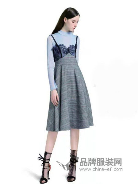 慕西 - MXIXILANG女装品牌2019春季高腰吊带方格长裙两件套显瘦修身裙子