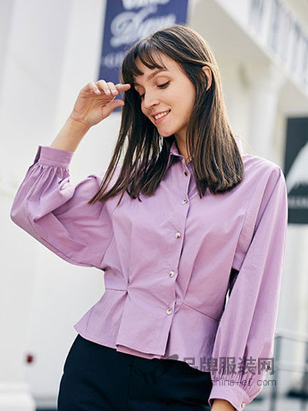 丝雨桐女装品牌2019春季甜美浪漫气质拼接纯色衬衫