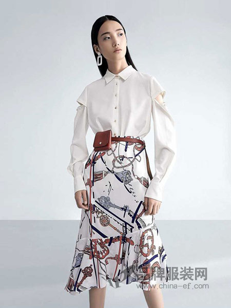 欧引女装品牌2019春季商务白色蕾丝拼接直筒长袖衬衫