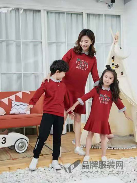 52017亲子情侣品牌2019春季简约长袖韩版母女假两件一家四口家庭装连衣裙