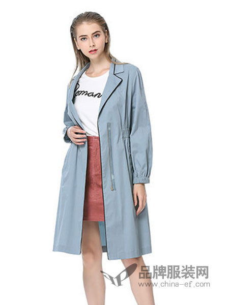 卡伊奴女装品牌2019春季新品正品 西装领中长风衣外套