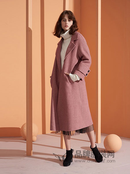 城市格调女装品牌2018秋冬新款紫色时尚宽松休闲中长款毛呢大衣外套