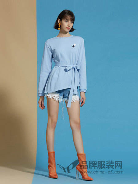 欧时力女装品牌2019春夏新款腰带宽松开叉T恤式卫衣