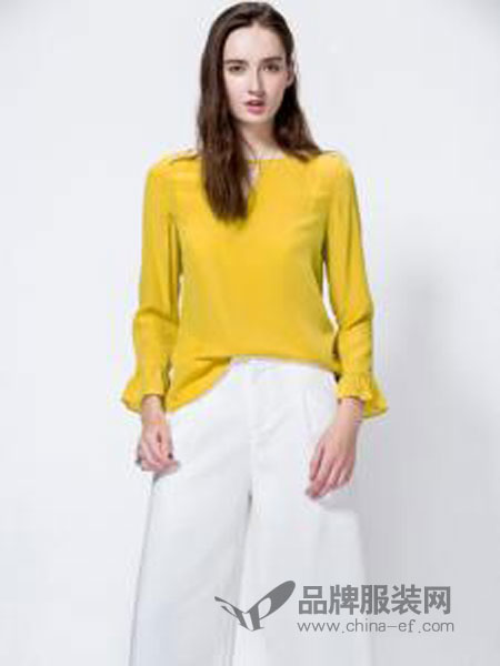 SCARTHIN女装品牌2019春夏黄色圆领靓丽时尚长袖上衣