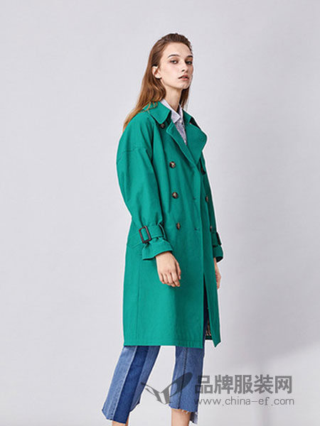 桑索女装品牌2019春季复古绿纯棉文艺气质中长款风衣大衣外套