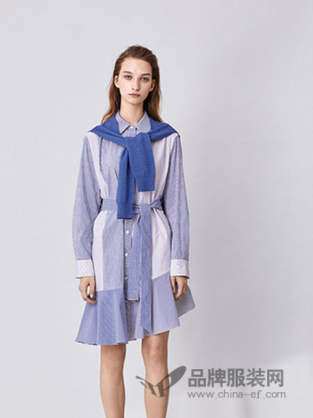桑索女装品牌2019春季新款休闲时尚条纹荷叶边搭袖假两件衬衫式连衣裙