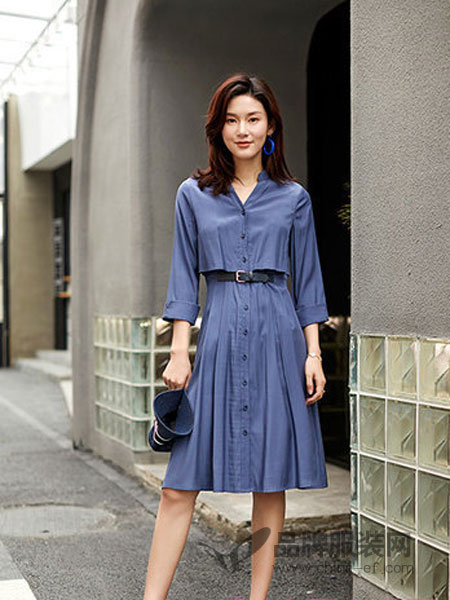 迪思兰柏女装品牌2019春季新款韩版收腰中长款衬衫连衣裙