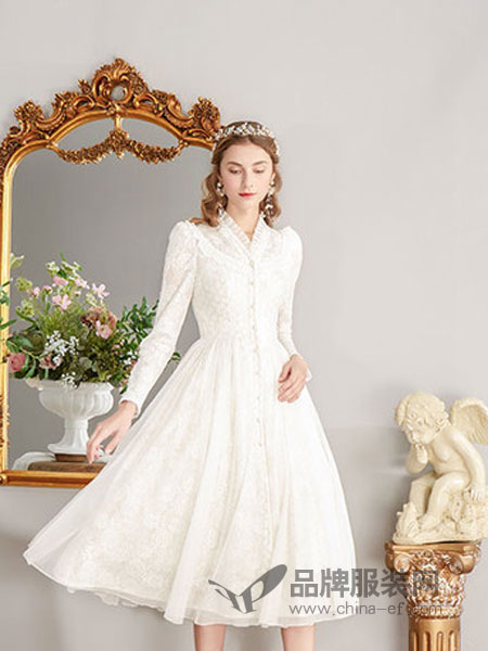 花儿开了女装品牌2019春季中长款公主风白色蕾丝外套