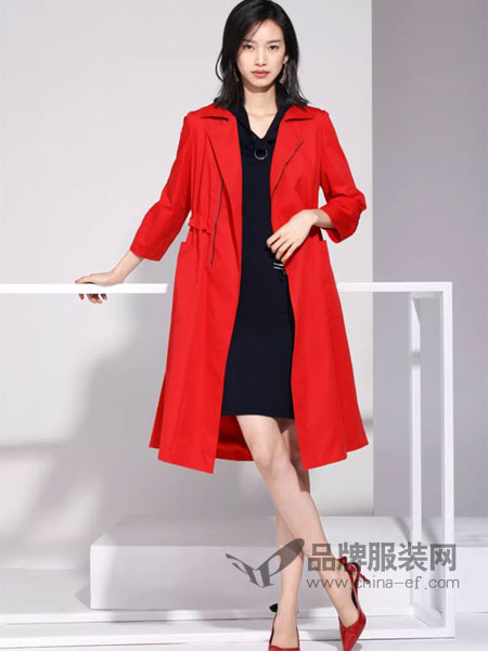 领秀女装品牌2019春夏红色风衣新款韩版气质收腰显瘦修身灯笼袖系带过膝外套