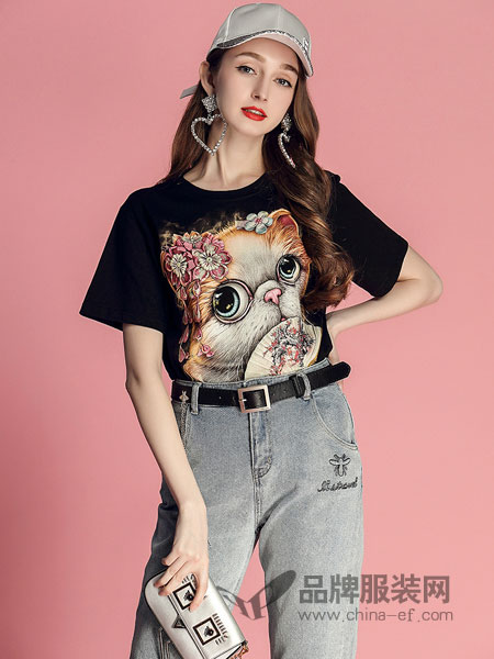 贝珞茵女装品牌2019春季立体卡通猫咪纯棉短袖T恤