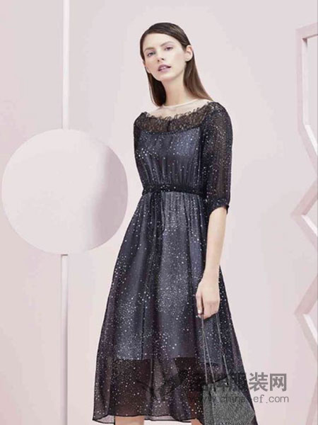 欧莎莉格女装品牌2019春季韩版立领绑带收腰亮片黑色礼服
