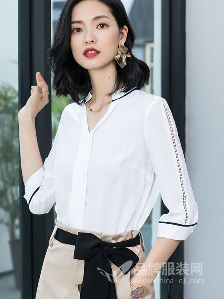 优衣美女装品牌2019春季长袖宽松气质白色低领衬衣