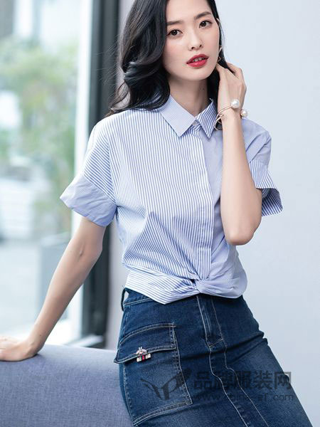 优衣美女装品牌2019春季韩版清新条纹翻领喇叭短袖百搭衬衫