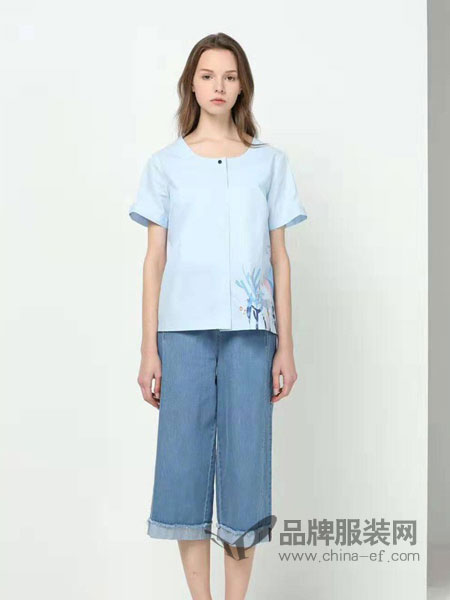 女神面对面女装品牌2019春夏中国风女装圆领T恤衫女式刺绣衬衫修身短袖上衣