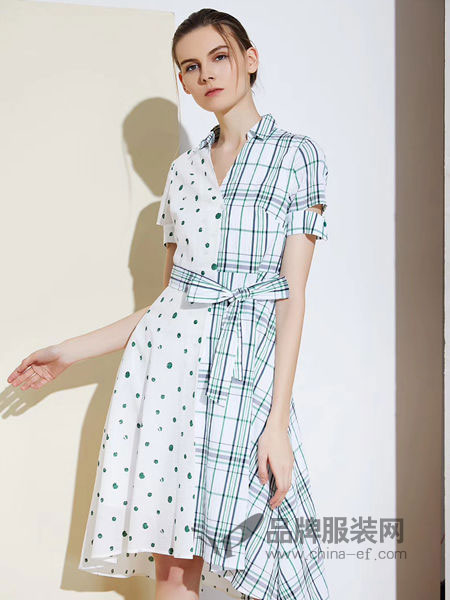 尚迪女装品牌2019春夏V领短袖格子波点拼接连衣裙中长款