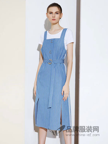 尚迪女装品牌2019春夏显瘦棉麻吊带高腰连衣裙