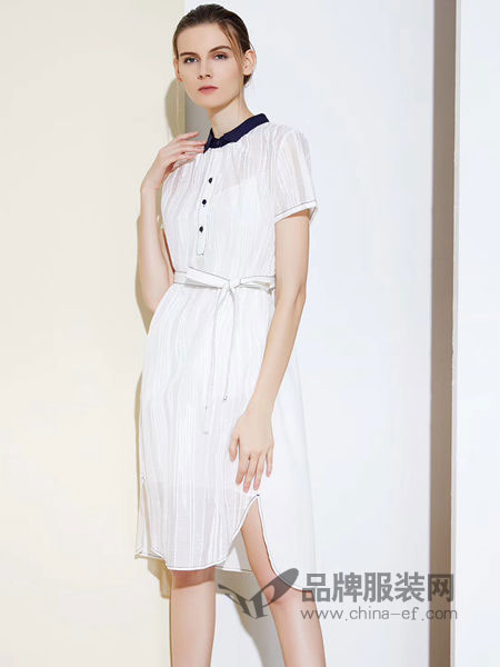 S&D女装品牌2019春夏新款韩版宽松条纹修身系带短袖棉麻连衣裙