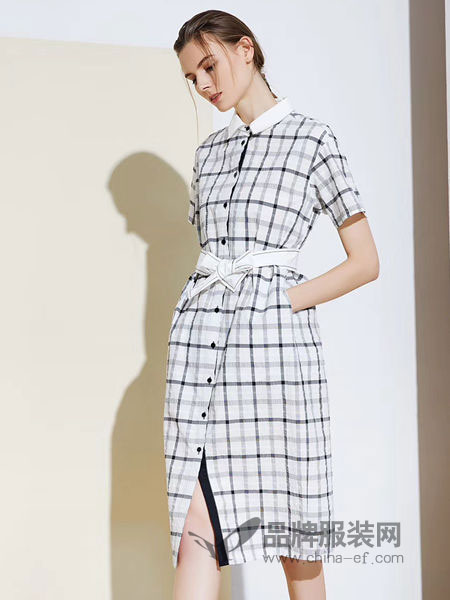 S&D女装品牌2019春夏短袖系带中长款气质衬衫裙