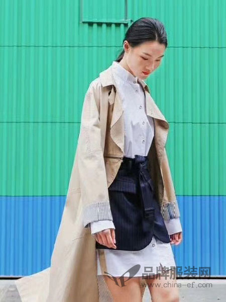 法路易娜女装品牌2019春夏新款韩版修身长袖显瘦风衣中长款外套