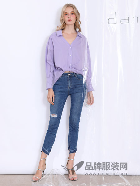 丹比奴女装品牌2019春夏韩版直筒长袖单排多扣纯色衬衫