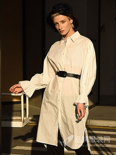 ZENE女装品牌2019春夏新款立领纯棉白色中长款衬衣女