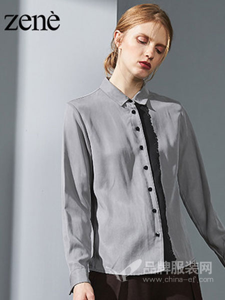 ZENE女装品牌2019春夏新款撞色拼接长袖直筒纯色外套宽松衬衫女