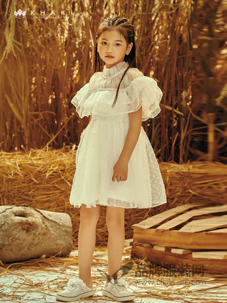 卡琪屋童装品牌2019春夏欧根纱蓬蓬公主裙甜美可爱一字领儿童连衣裙