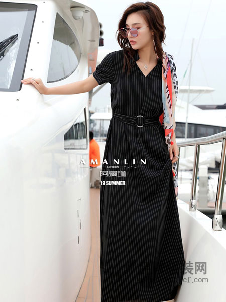 阿谩琳女装品牌2019春夏韩版时尚气质条纹V领修身时髦洋气连衣裙