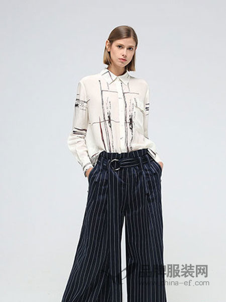 得壹女装品牌2019春夏新款时髦韩版高腰气质腰带长裤