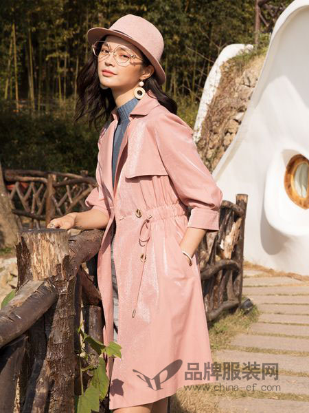 布根香女装品牌2019春夏松紧腰抽带设计九分袖中长款风衣