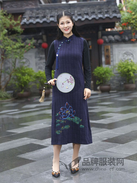 逸之秋女装品牌2019春夏新款棉麻茶服中国风手绘立领复古文艺连衣裙