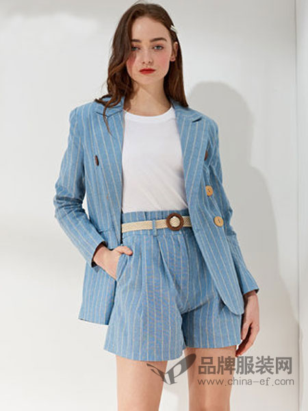 依恋eland女装品牌2019春夏新款韩版条纹宽松西服短裤套装