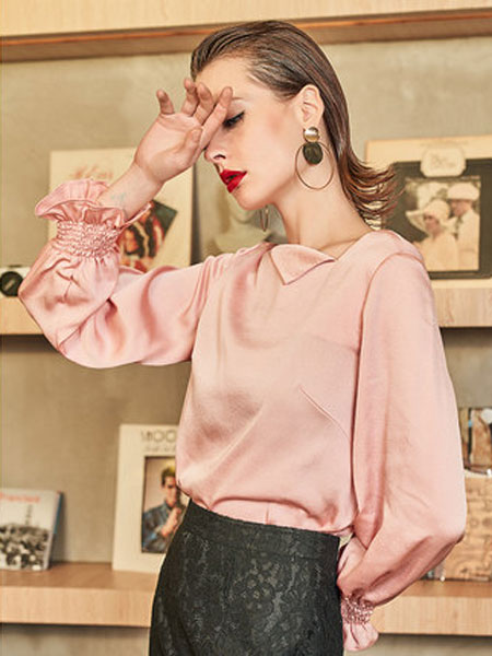 idole女装品牌2019春夏新款雪纺衫洋气小衫粉红色上衣