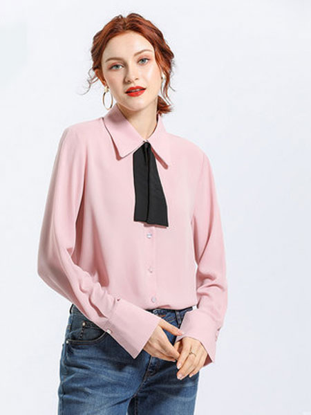 乔万尼女装品牌2019春夏新款时尚韩版宽松设计感气质长袖衬衫粉色上衣