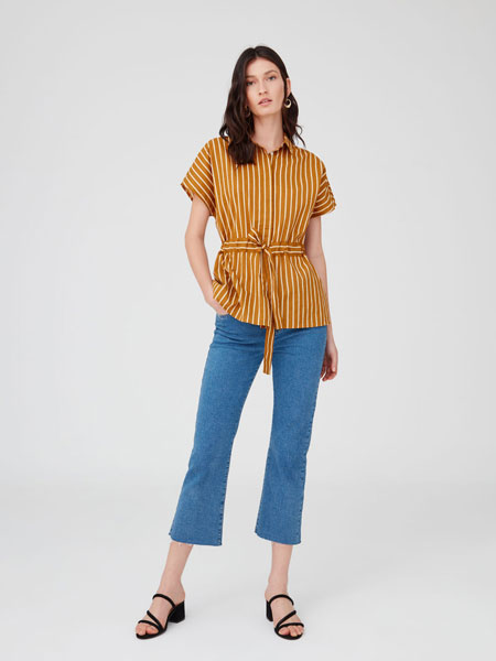 OVS INDUSTRY女装品牌2019春夏新款条纹拼接抽绳系带荷叶袖衬衫