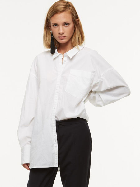 Eleven Paris休闲品牌2019春夏新款简约口袋纯色中长直筒长袖衬衫女
