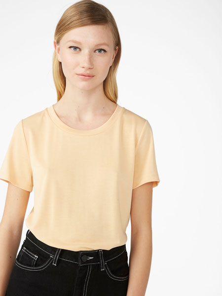 Monki女装品牌2019春夏新款简约浅橘色圆领修身打底衫短袖T恤