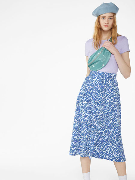 Monki女装品牌2019春夏新款宽松蓝色波点百褶裙中长款半身裙