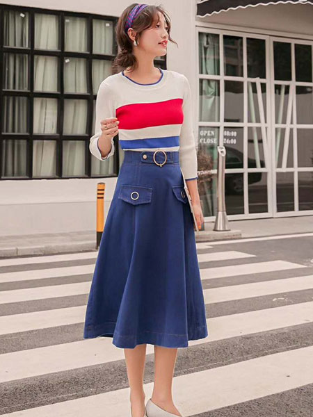 M+女装品牌2019春夏新款气质针织上衣牛仔半身裙两件