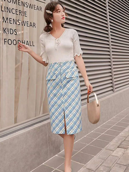 M+女装品牌2019春夏新款韩版甜美可爱短袖修身包臀裙优雅两件套