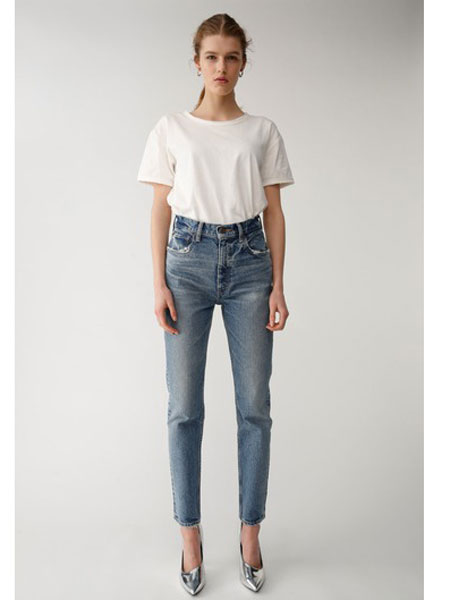 摩西女装品牌2019春夏新款自然腰磨砂小腿修身显瘦牛仔裤