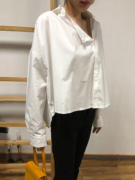 蔻贝卡女装品牌2019春季新款不规则时尚宽松休闲长袖上衣衬衣