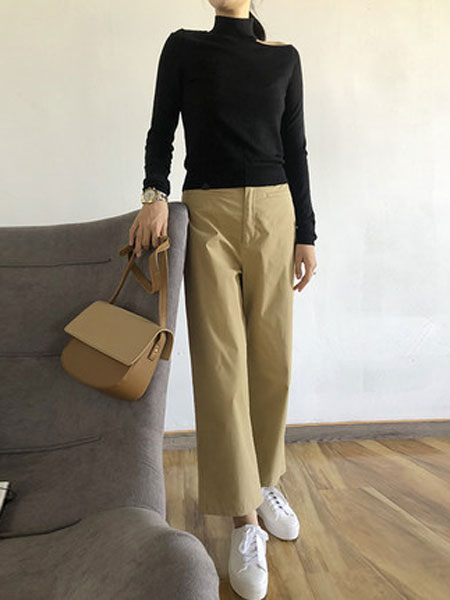 蔻贝卡女装品牌2019春季新款女卡其色纯棉透气时尚宽松直筒裤