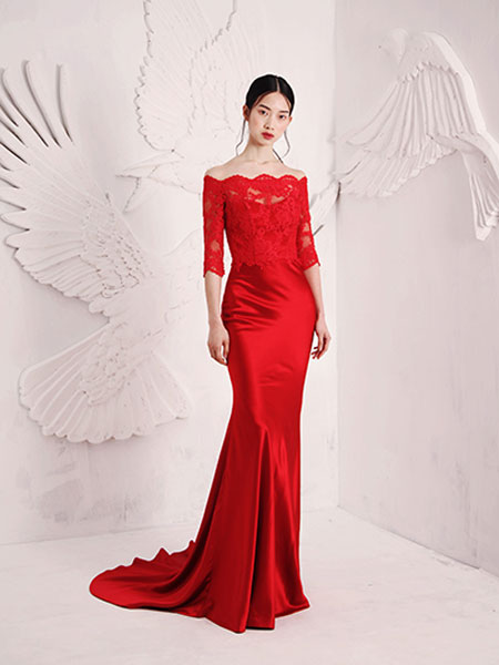 唯誓婚纱女装品牌2019春夏新款红色长款优雅蕾丝中袖结婚礼服裙