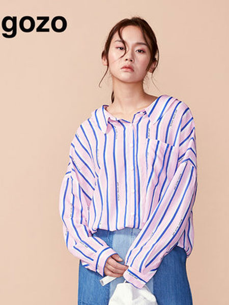 GOZO女装品牌2019春夏新款竖条纹衬衫拼色衬衣