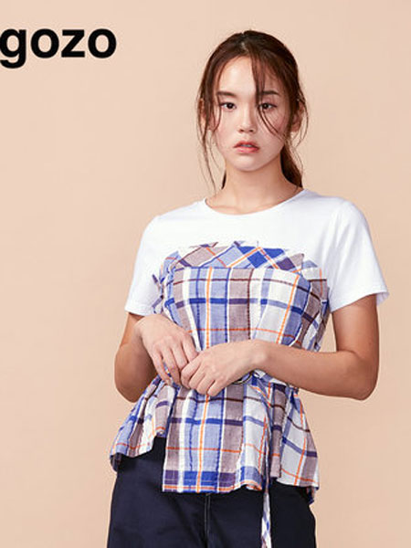 GOZO女装品牌2019春夏新款假两件拼接T恤格子上衣打底衫