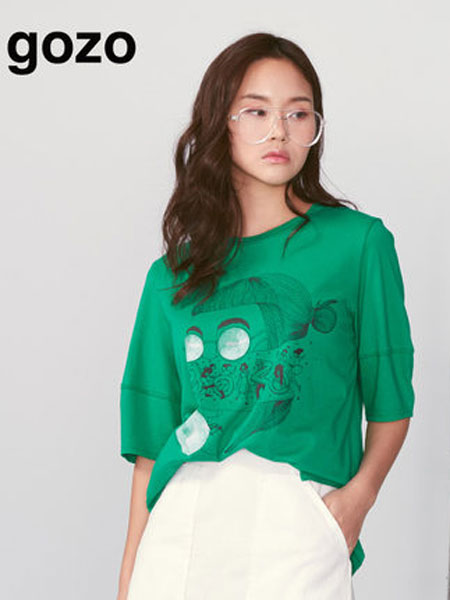 GOZO女装品牌2019春夏新款绿色T恤女打底衫套头衫圆领上衣